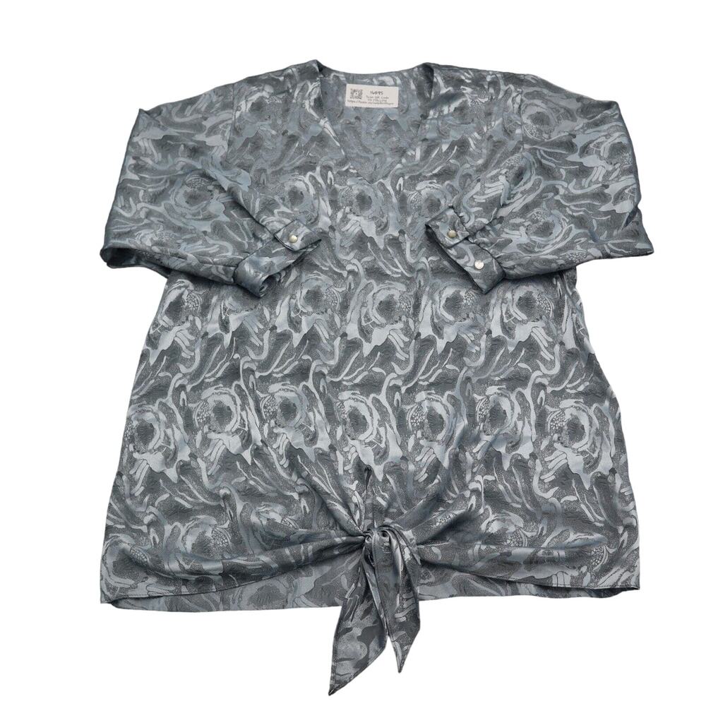 Casual Shirt Womens Gray Long Sleeve V Neck Tie On Hem Pullover Blouse